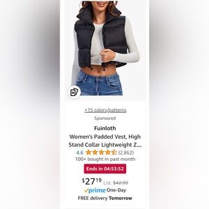 New Women's Padded Vest, High Stand Collar Lightweight Z...